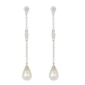 Adornia Rhodium Plated Swarovski Crystal & 7mm Freshwater Pearl Drop Earring NEW